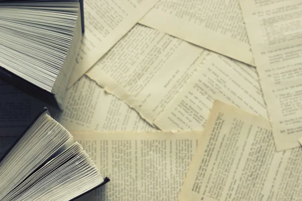 Dağınık sözlük sayfaları bir arka plan üzerinde iki açık kitap. Üstten Görünüm. Mavi tonda