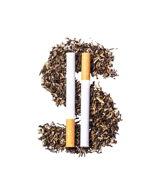 Dólar símbolo das folhas de tabaco e dois cigarros inteiros — Fotografia de Stock