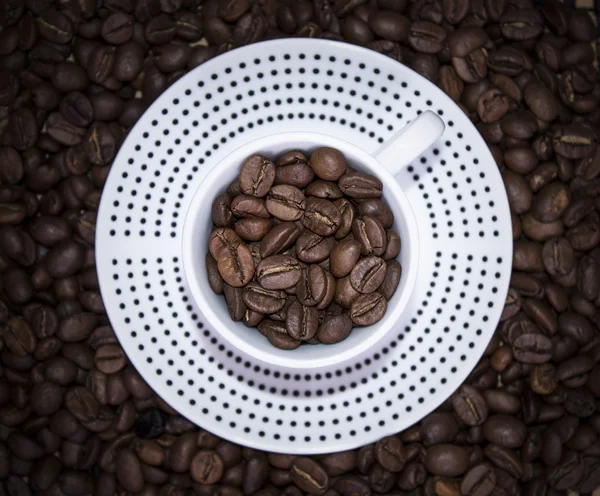 Cup polka dots standing on coffee beans. Blur, top view, focus o