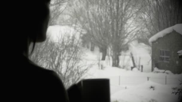 Κορίτσι στο παράθυρο ενώ χιονίζει — Αρχείο Βίντεο