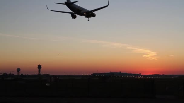 황혼에 바르셀로나 공항에 착륙 하는 비행기 — 비디오
