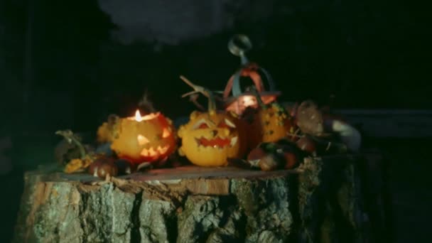 Calabaza de Halloween sobre un tronco de árbol con calabazas decoración slide shot — Vídeo de stock