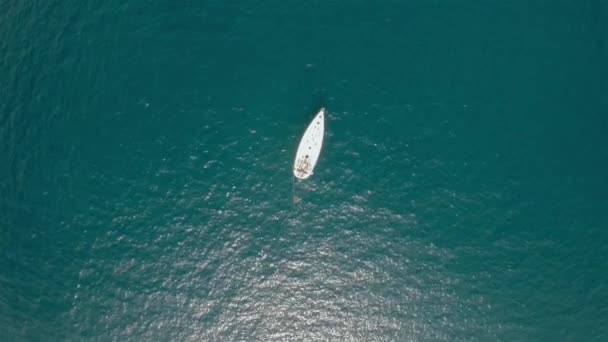 Aerial strzał ptaki oka widok na białym tle żaglówkę w wodzie morskiej — Wideo stockowe