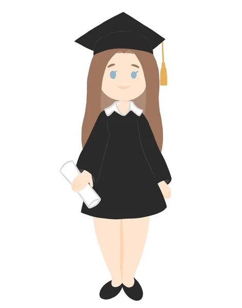 Üniversiteden, üniversiteden ve okuldan mezun kahverengi saçlı kız. Tassel şapka, mezuniyet elbisesi ve diploma. — Stok fotoğraf
