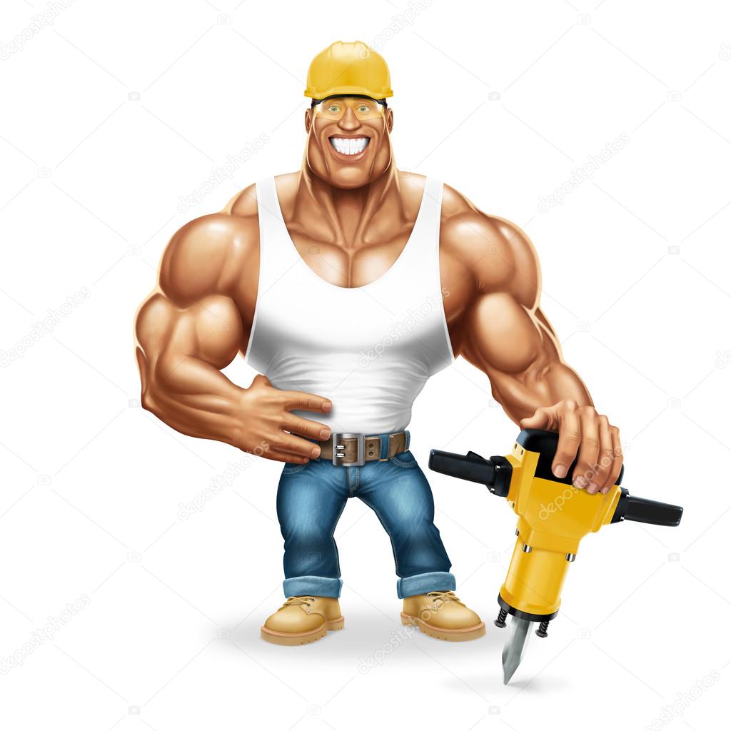 Muscular worker with a pneumatic hammer