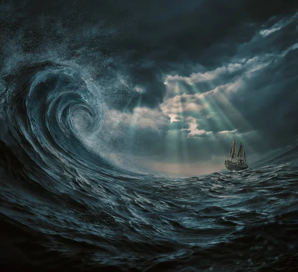 Illustration Ship Storm Gigantic Waves — Stock Photo, Image