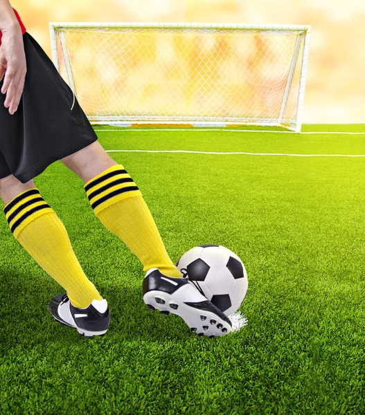 A soccer ball in front of goal — Stock Photo, Image