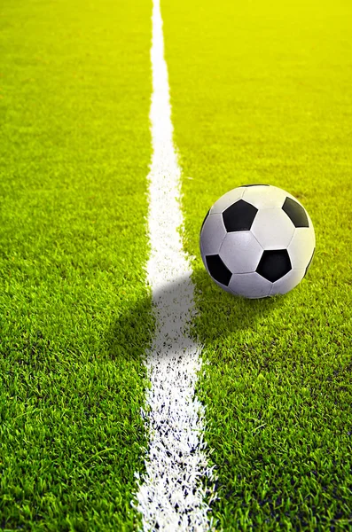 Футбольне поле трави з позначкою і м'ячем, Спорт — стокове фото