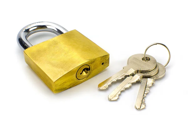 Unlocked padlock with the key on white background — Stock Photo, Image