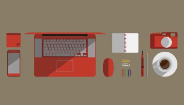 Kahve, dizüstü, laptop, post-it Notlar, fare, kalem, kalem, ATAÇ düz tasarım vektör çizim