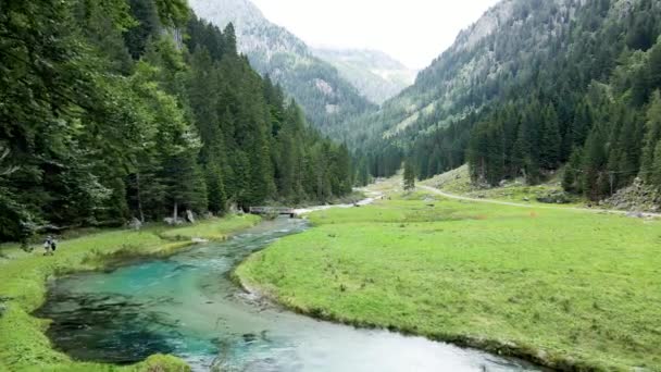 Drone Lotnicze Krajobraz Dolomitów Rzeką Łąkami — Wideo stockowe