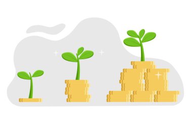 Ekonomik iş başarısı, ekonomik büyüme, yatırım geliri, sermaye artışı, borsa grafiğinin yükselişi, tasarruf ve büyüme. Bozuk paraların üzerinde yeşil bitkiler. Düz biçimli vektör illüstrasyonu