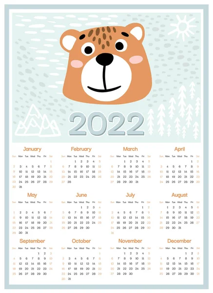 Calendario Niños 2022 Semana Comienza Domingo Oso Personaje Dibujos Animados — Archivo Imágenes Vectoriales