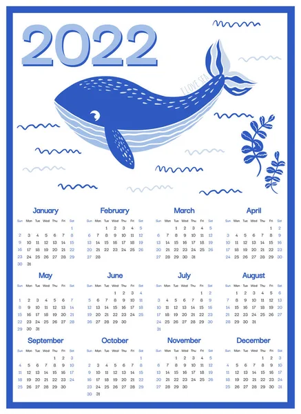 Kinderkalender 2022 Week Begint Zondag Walvis Stripfiguur Witte Achtergrond Schattig — Stockvector