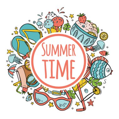 El yapımı renkli plaj aksesuarları, içki, hindistan cevizi, parmak arası terlik, balık, dondurma, güneş gözlüğü, şeker, beyaz arka planda şnorkel maskesi. Vektör illüstrasyonu.