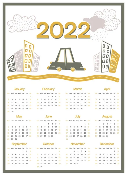Kalender 2022 Week Begint Zondag Groene Auto Gele Weg Stad — Stockvector