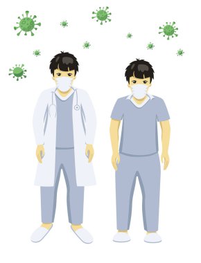 Koronavirüs semptomlarını önlemek için tıbbi yüz maskesi takan erkek doktor ve hemşire viral bakterilerden uzak durun. Vektör düz resimleme