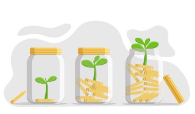 Ekonomik konsept, borsa grafiğinin yükselişi, tasarruf ve büyüme. Bankalarda yeşil bitkiler. Düz biçimli vektör illüstrasyonu