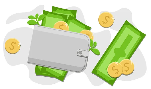 経済の上昇の概念 財布の緑の紙幣と金の硬貨 現金概念での支払い 平面ベクトル図 — ストックベクタ