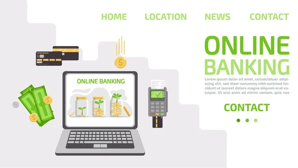 Online Banking Concept Laptop Info Graphic Growing Money Banks Money — Stock Vector