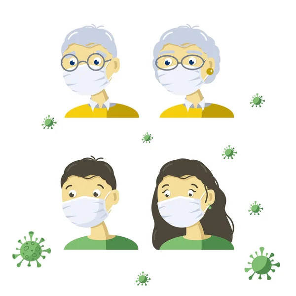 Senior Young People White Medical Face Masks Protect Themselves Pollution — Image vectorielle