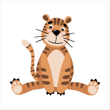 Yeni yıl takvimi 2022 için beyaz arkaplanda şirin bir kaplan oturuyor ve gülümsüyor. Tişört baskısı, kart davetiyesi, bebek odası posteri. Düz vektör illüstrasyonu