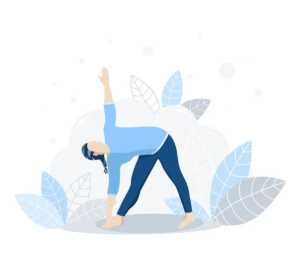 Young woman in yoga pose in nature, concept illustration for yoga, meditation, relax, recreation, healthy lifestyle. Vector illustration in flat style