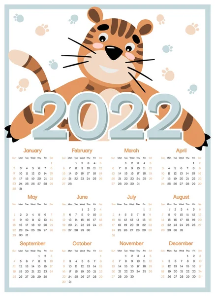 Tigre Calendario Niños 2022 Semana Comienza Domingo Personaje Dibujos Animados — Archivo Imágenes Vectoriales