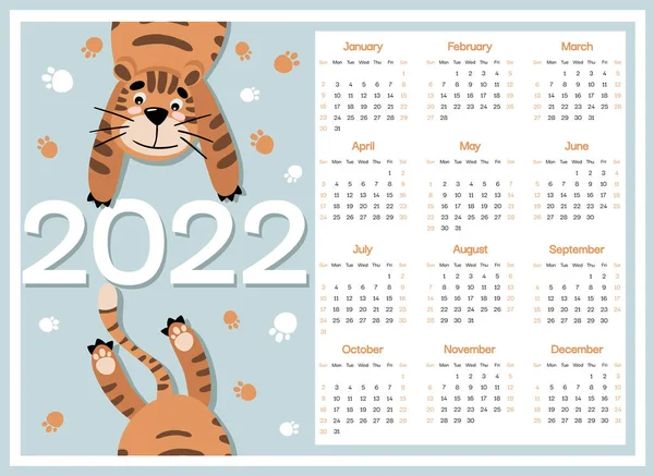 Tiger Niños Calendario Horizontal 2022 Semana Comienza Domingo Carácter Sobre — Archivo Imágenes Vectoriales