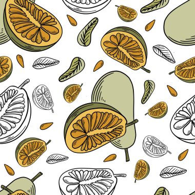 Jackfruit, yeşil ve sarı renklerde pürüzsüz desen ve tekstil, baskı, arka plan, röfleler için beyaz arka planda siyah çizgiler çizdi. Vektör illüstrasyonu