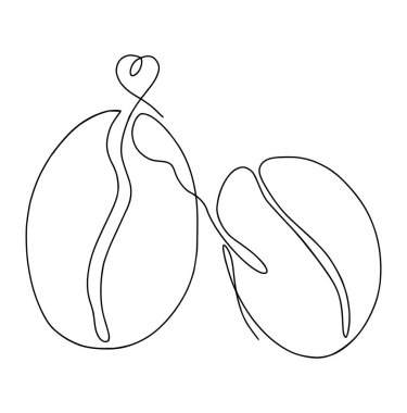 Kahve dükkanının afiş duvarı için basit tarzda kahve çekirdeği çizimleri, tişört baskısı, logo, amblem, şablon için çizgi çizimi. Tek çizgi çizme vektör illüstrasyonu