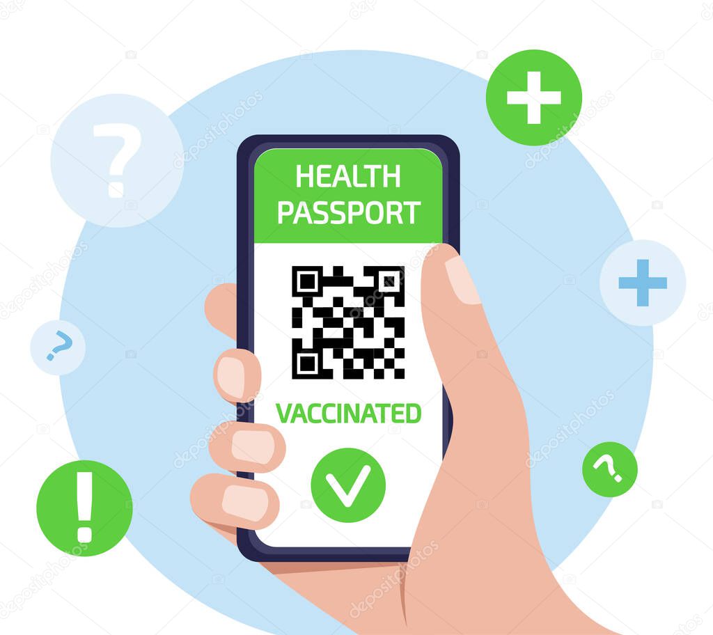 Certificate of vaccination on mobile phone screen in hand with QR code for health passport concept, app with online tracking coronavirus infection immune. Flat vector illustration.