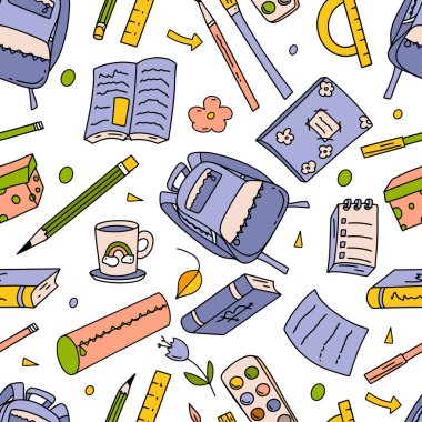 Back to school colorful seamless pattern of hand drawn stationary accessories, books, pens, backpack, rulers, cup, paper for coloring book, poster, cards. Vector illustration.
