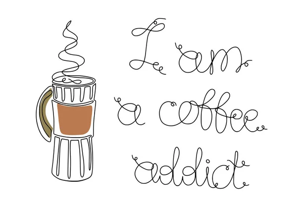 Coffee Addict Continuous One Line Style Coffee Cup Poster Wall — Vetor de Stock
