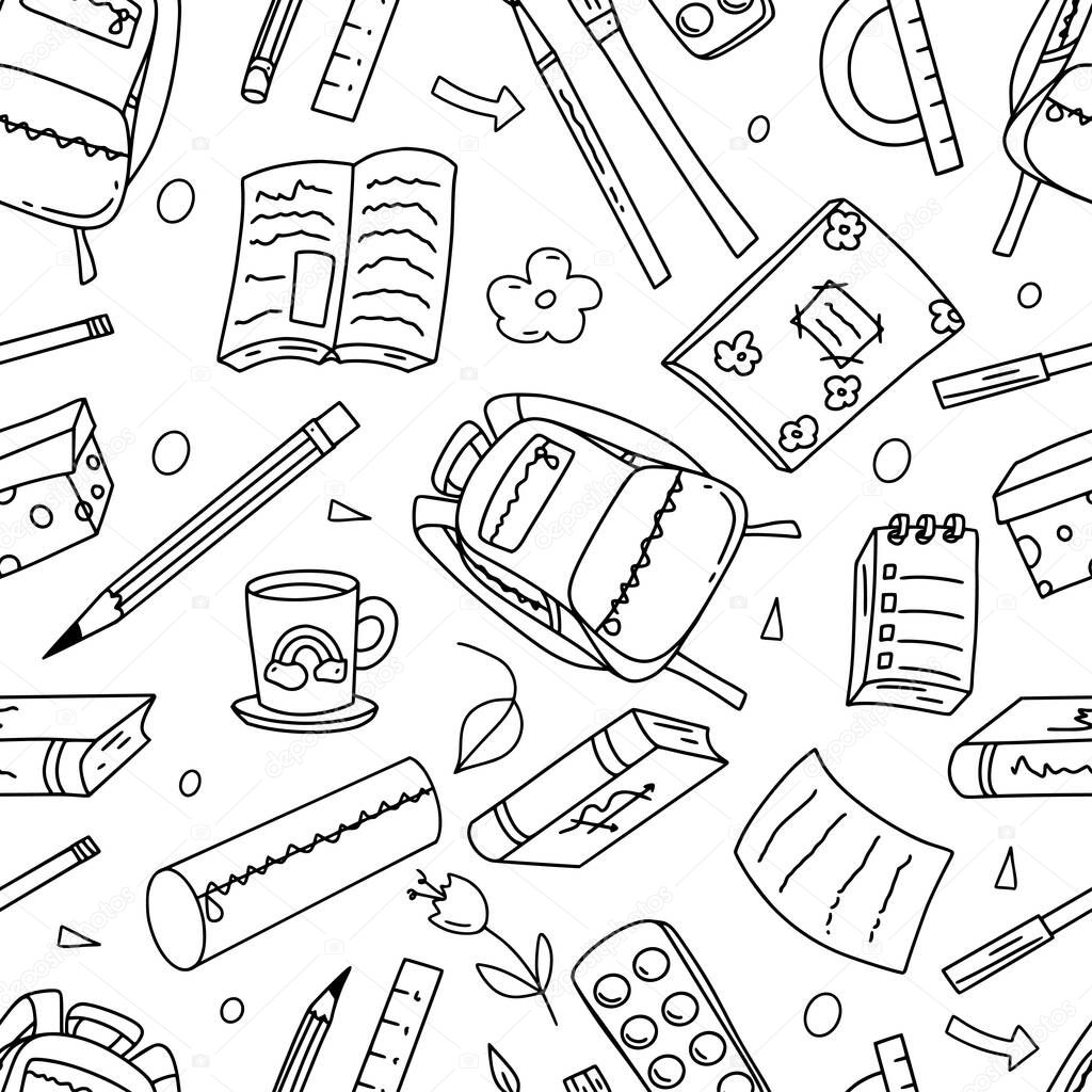 Back to school seamless pattern of hand drawn stationary accessories, books, pens, backpack, rulers, cup, paper for coloring book, poster, cards. Vector illustration.