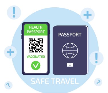 Green passport certificate on mobile phone with QR code and biometric passport for safe travel on blue background, app with online tracking coronavirus infection immune. Flat vector illustration