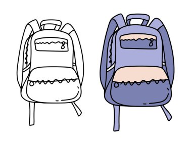 Hand drawn illustration of backpack in blue and light pink color for back to school concept and coloring book. Vector illustration.
