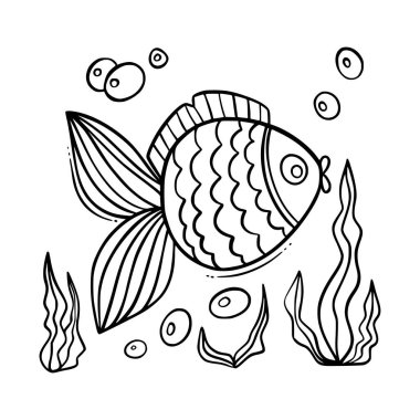 Kabarcıklı balık ve deniz yosunlu karalama ikonu beyaz arka planda izole edilmiş, boyama kitabı, kart, tişört için siyah çizim. Vektör illüstrasyonu.