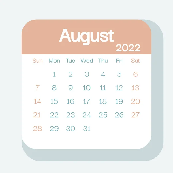 Agosto 2022 Calendario Pianificatore Colore Pastello Settimana Inizia Domenica Modello — Vettoriale Stock