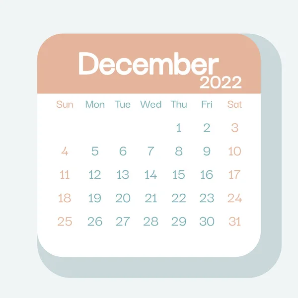 Grudzień 2022 Kalendarz Planer Kolorze Pastelowym Tydzień Zaczyna Się Niedzielę — Wektor stockowy