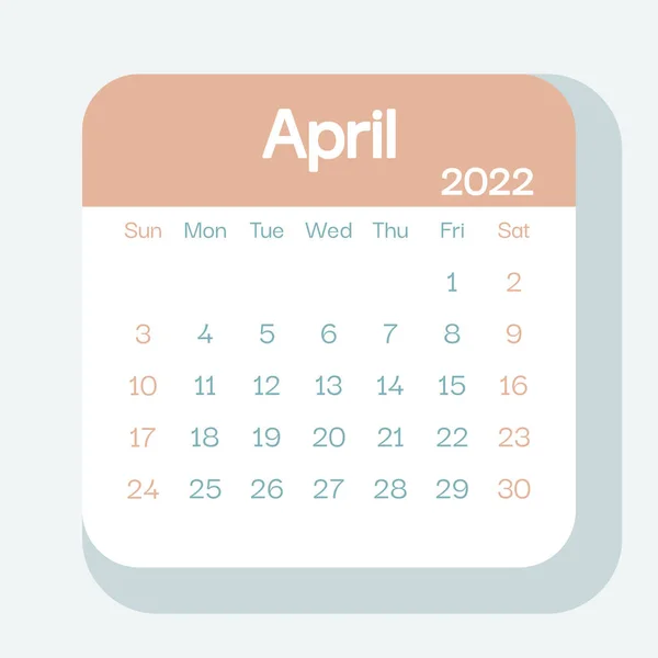 April 2022 Kalender Planner Pastelkleur Week Begint Zondag Sjabloon Modelleren — Stockvector