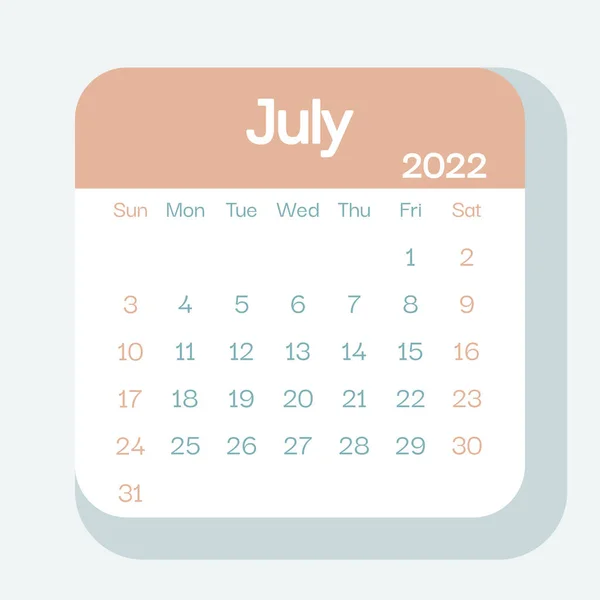 Июль 2022 Календарь Планировщик Пастельном Цвете Неделя Начинается Воскресенье Шаблон — стоковый вектор