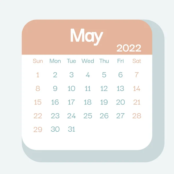 Mai 2022 Planificateur Calendrier Couleur Pastel Semaine Commence Dimanche Modèle — Image vectorielle
