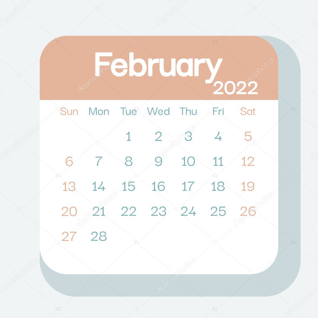 February 2022 calendar planner in pastel color, week starts on Sunday, template, mock up calendar leaf - Illustration. Vector graphic page