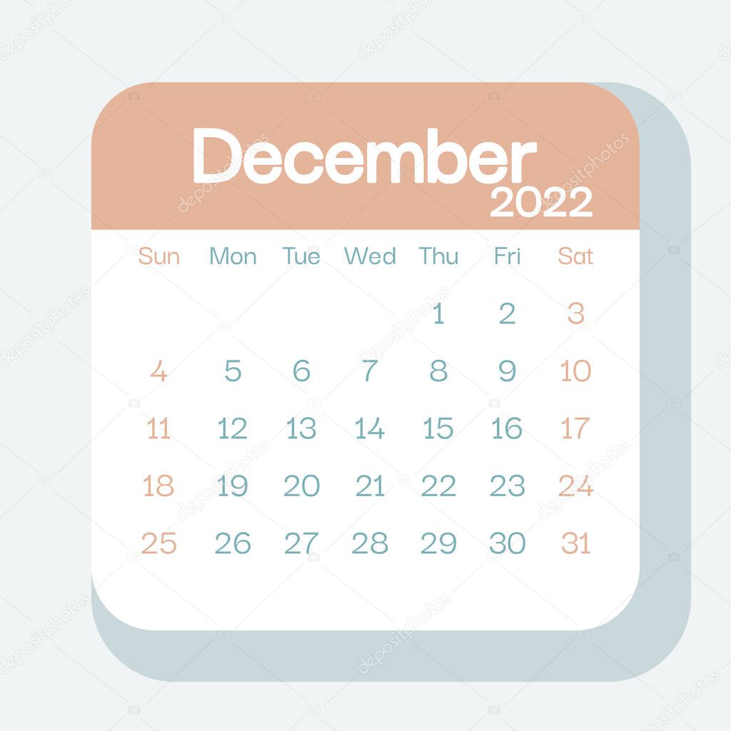 December 2022 calendar planner in pastel color, week starts on Sunday, template, mock up calendar leaf - Illustration. Vector graphic page