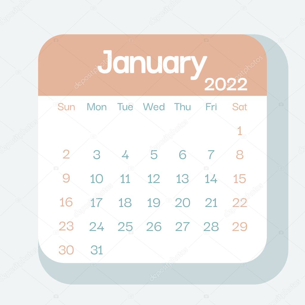 January 2022 calendar planner, week starts on Sunday, template, mock up calendar leaf - Illustration. Vector graphic page