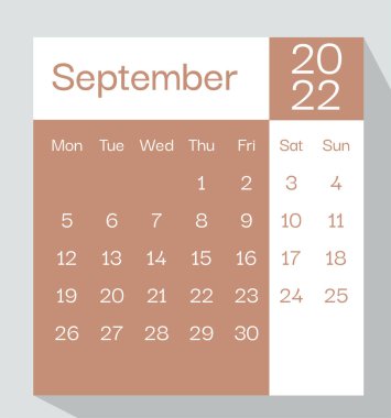 Eylül 2022 'de pastel renkli takvim planlayıcısı. Hafta pazartesi başlıyor. Takvim yaprağının şablonu, modeli. Vektör grafik sayfası