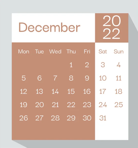 Grudzień 2022 Kalendarz Planer Kolorze Pastelowym Tydzień Zaczyna Się Poniedziałek — Wektor stockowy