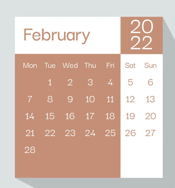 Febrero 2022 Planificador Calendario Color Pastel Semana Comienza Lunes Plantilla — Vector de stock