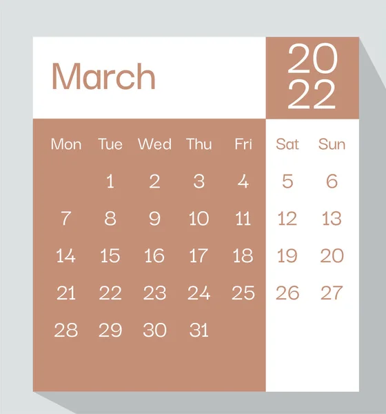 Marzec 2022 Kalendarz Planer Kolorze Pastelowym Tydzień Zaczyna Się Poniedziałek — Wektor stockowy